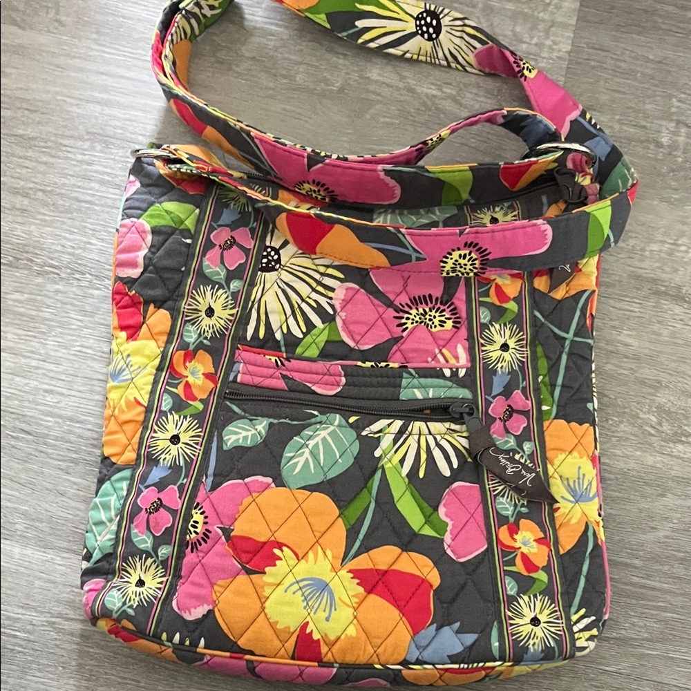 Vera Bradley Quilted Floral Crossbody in Pink, Orange, Yellow & Green on Black